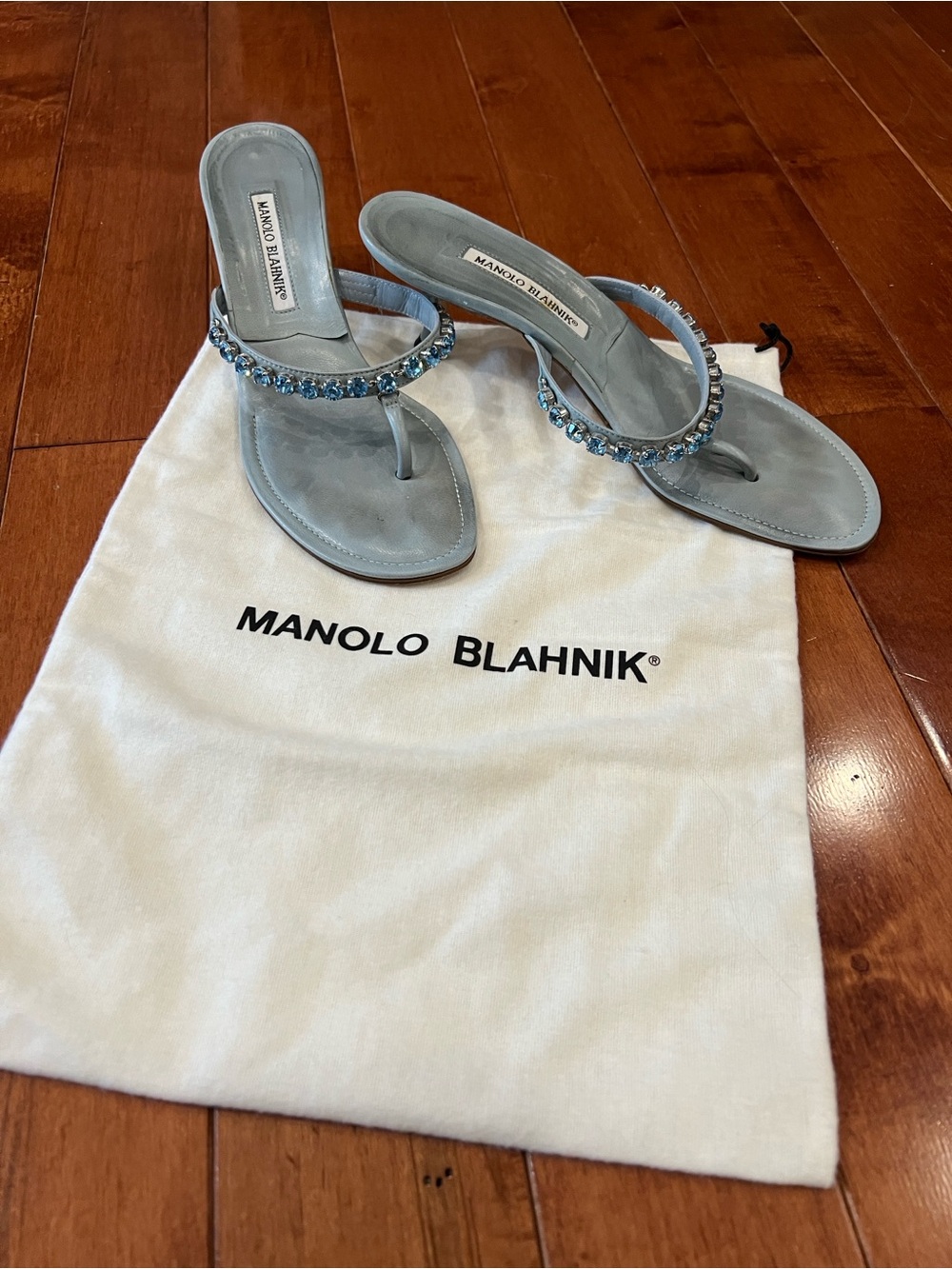 Manolo Blahnik Light Blue Jeweled Thong Sandals